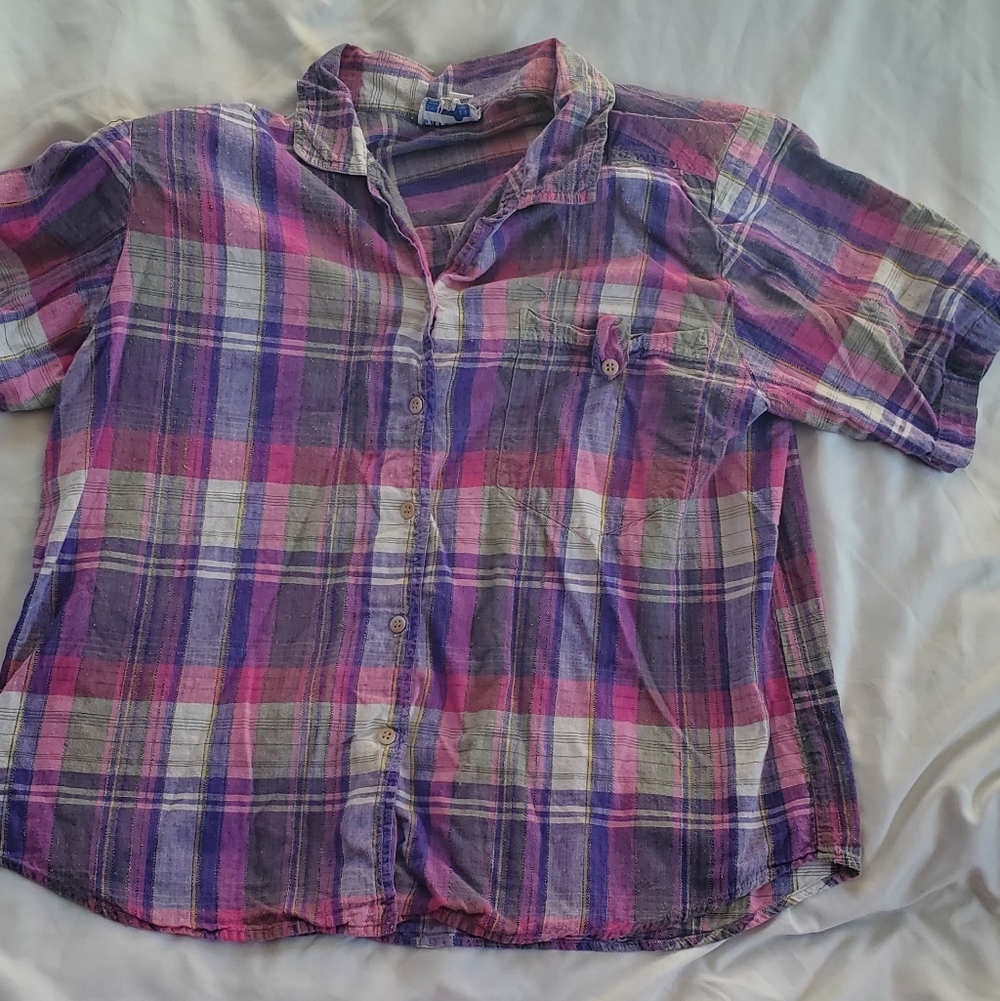 Cape Cod Sportswear Vtg 1980's Plaid Short Sleeve Shirt Shoulder Pads, Sz Large